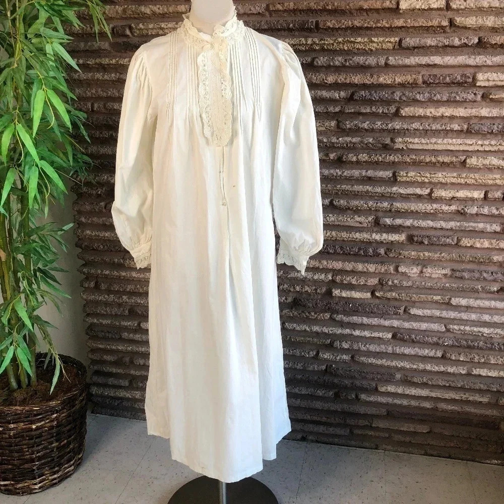 Antique 1900s Victorian Modest 100% Cotton Handmade Lace Collar Cuffs Nightgown - Picture 2 of 9